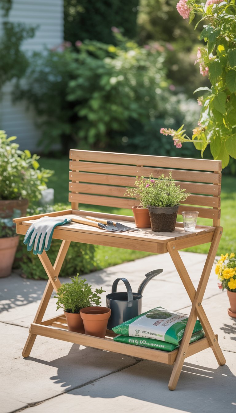 A simple foldable wooden potting bench outdoors with gardening tools and potted plants around it.