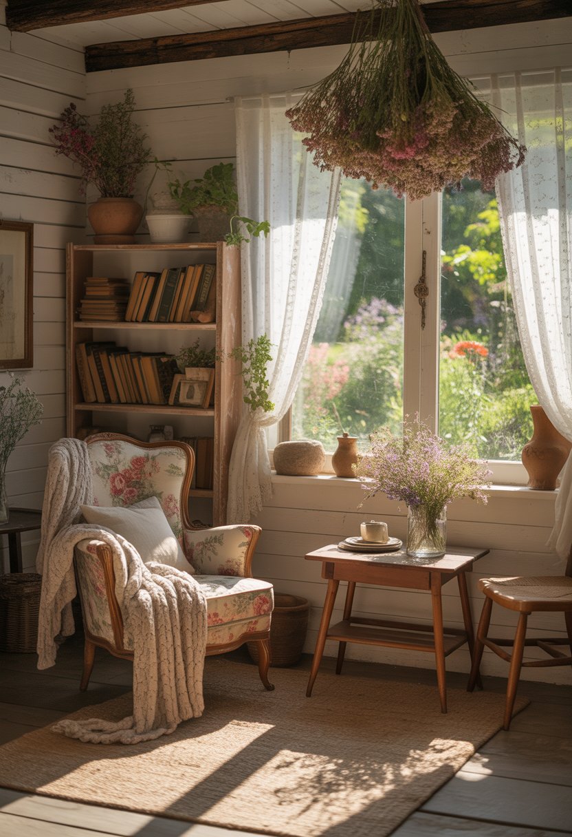 A cozy room with wooden beams, a floral armchair, bookshelves, wildflowers in a vase, and a window showing a garden outside.