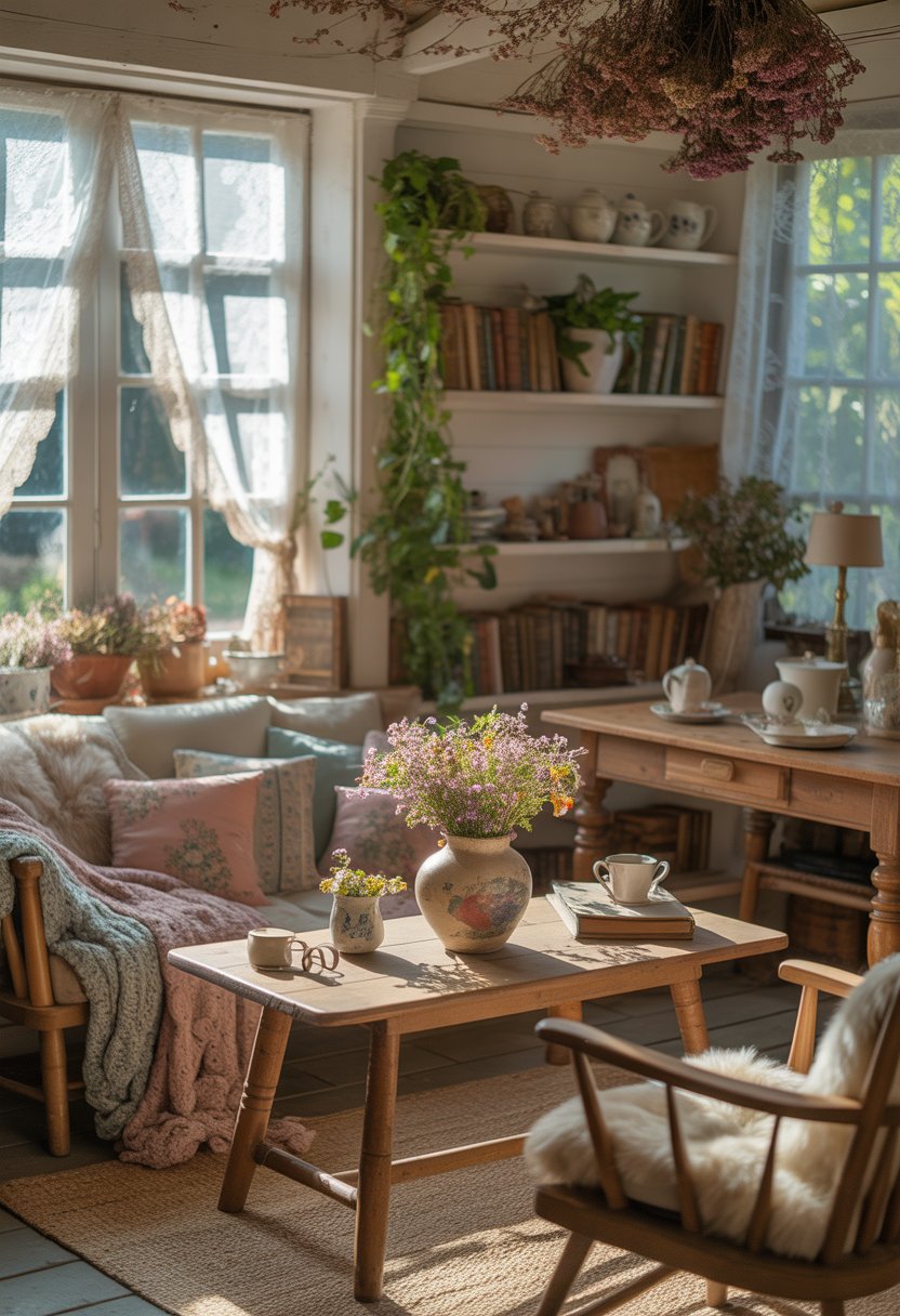 A sunlit cozy living room with wooden furniture, wildflowers in a vase, cushions on an armchair, shelves with books and plants, and dried flowers hanging from the ceiling beams.