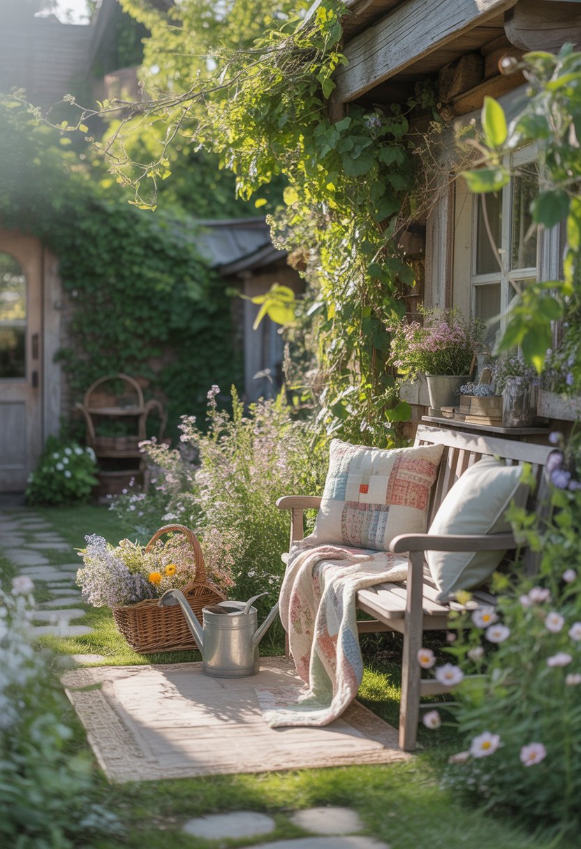 A cozy outdoor garden with a wooden bench, blooming flowers, greenery, and a cobblestone path leading to a wooden door.