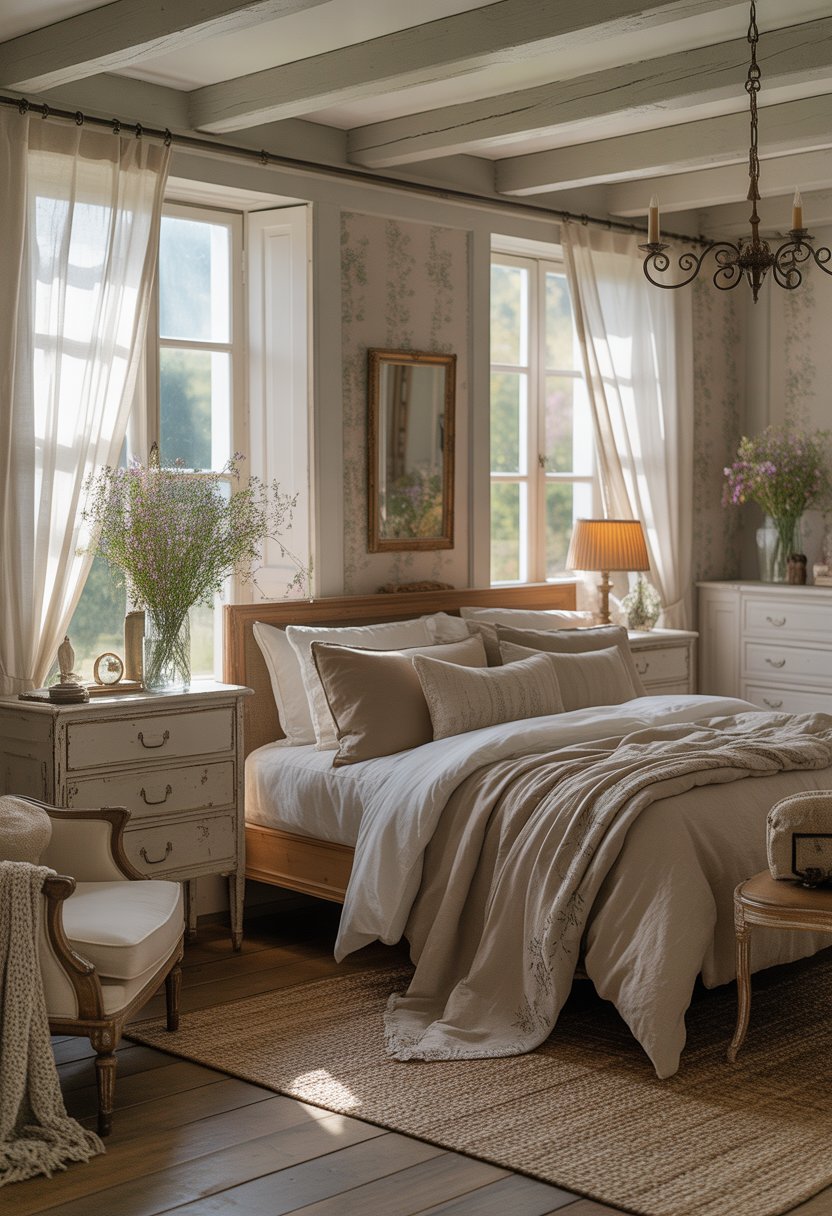 A master bedroom with a wooden bed, soft bedding, vintage furniture, floral wallpaper, and natural light from large windows.