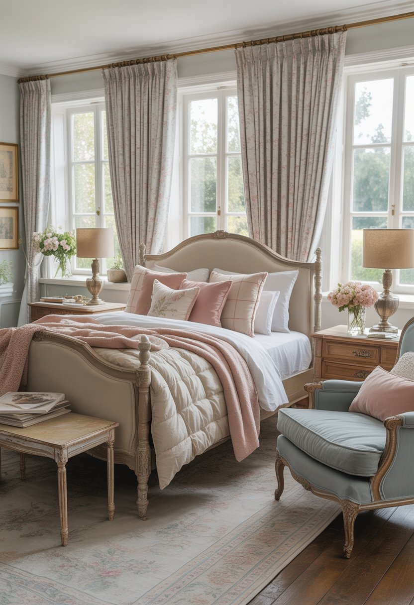 A bright master bedroom with a wooden bed, soft bedding, an armchair, floral curtains, and decorative accents.