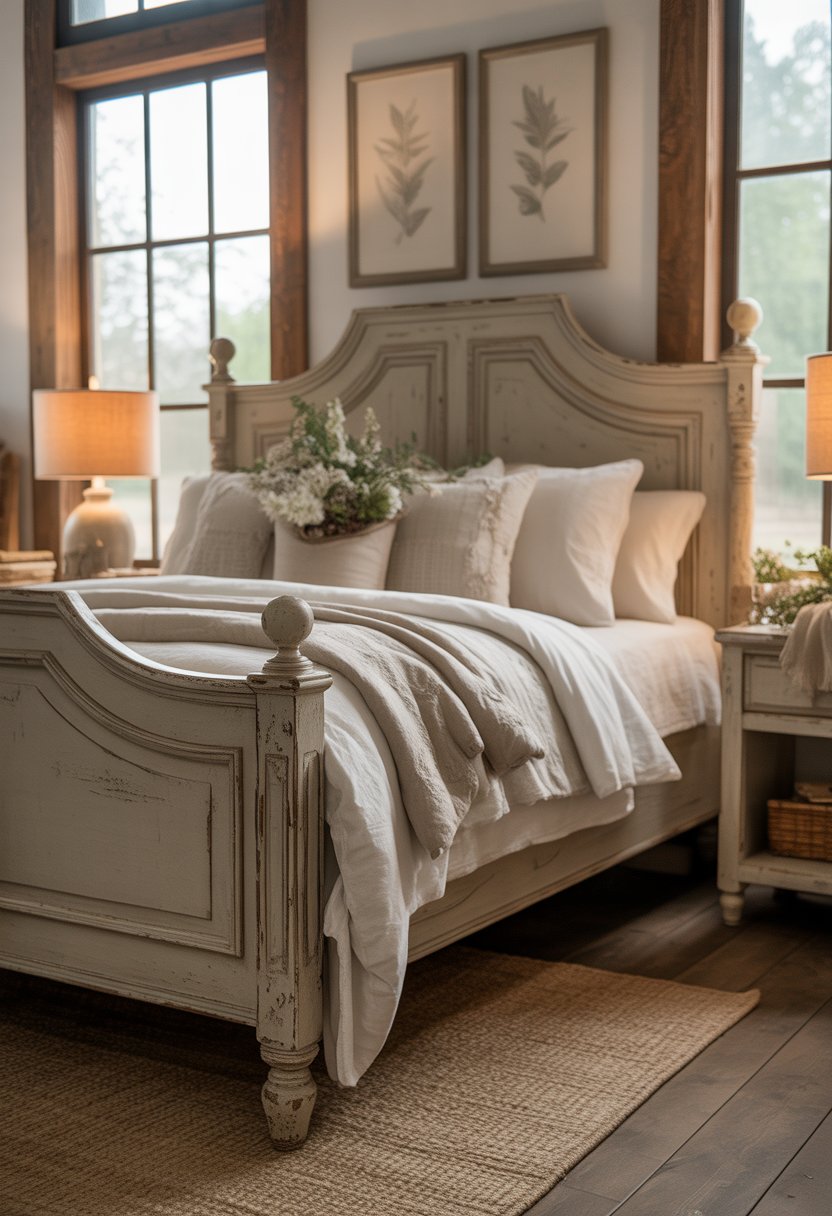 A master bedroom with a wooden bed frame, nightstands, lamps, and soft bedding in a warmly lit room.