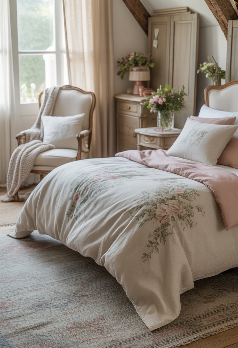 A neatly made bed with floral patterned bedding in a bright bedroom featuring wooden furniture, fresh flowers, and soft natural light.