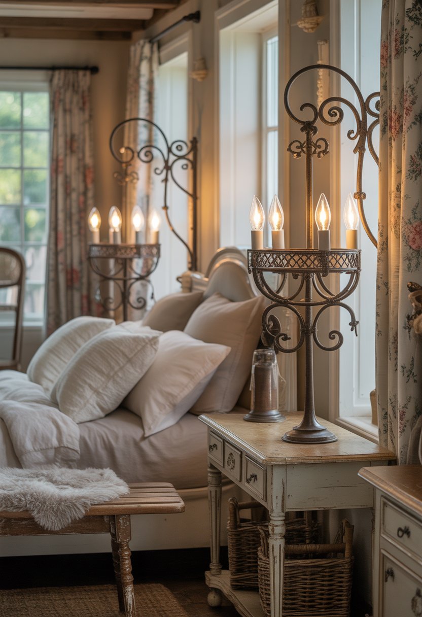 A master bedroom with wrought iron and antique brass light fixtures, soft bedding, wooden furniture, and natural light coming through large windows.