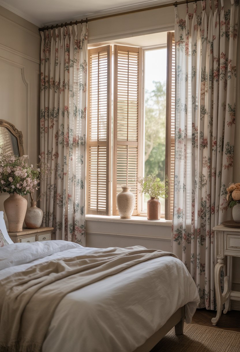 A bright master bedroom with floral curtains or wooden shutters, a neatly made bed, and rustic wooden furniture.