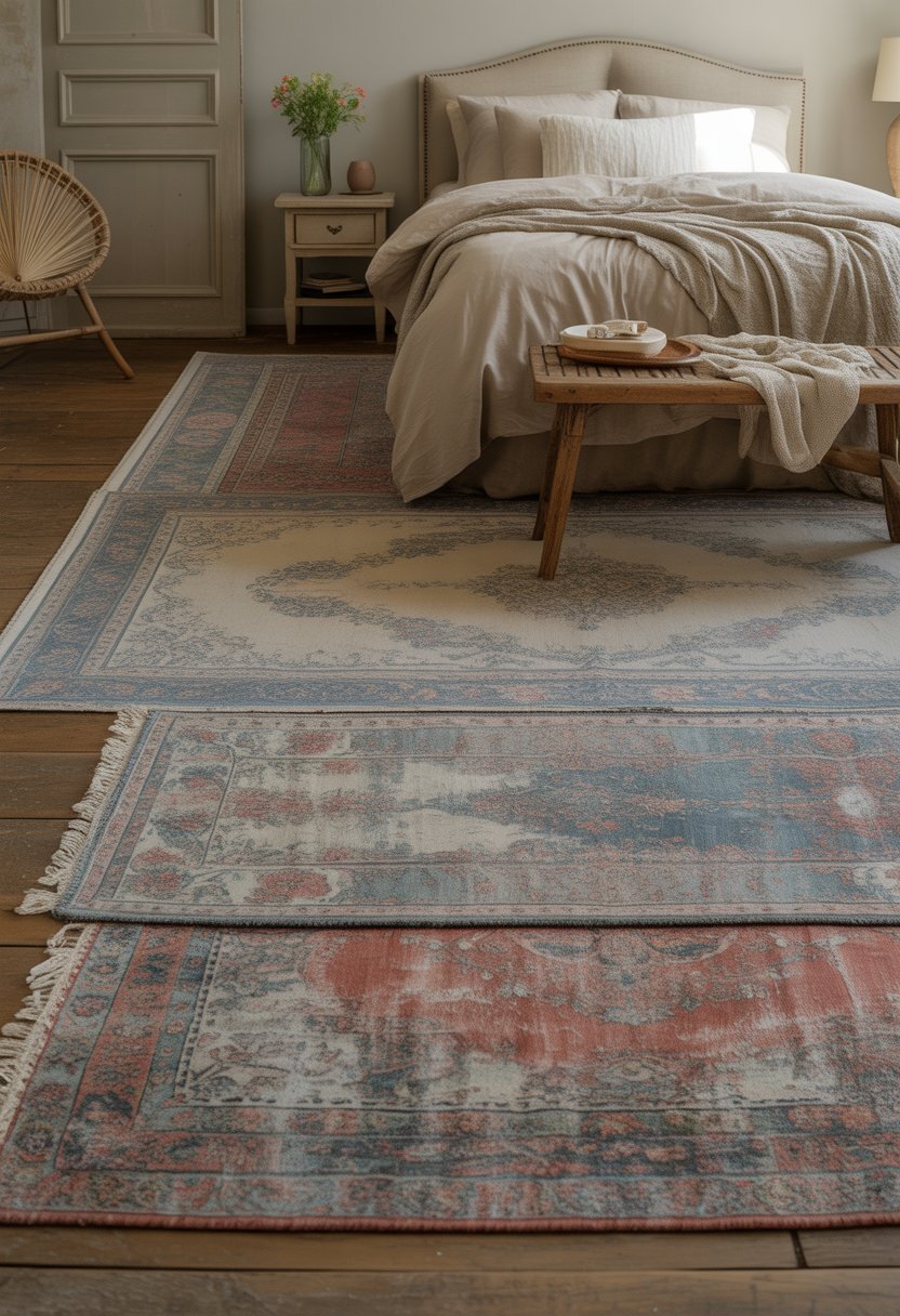 A master bedroom with layered rugs on the wooden floor, a comfortable bed, and rustic furniture in soft natural light.