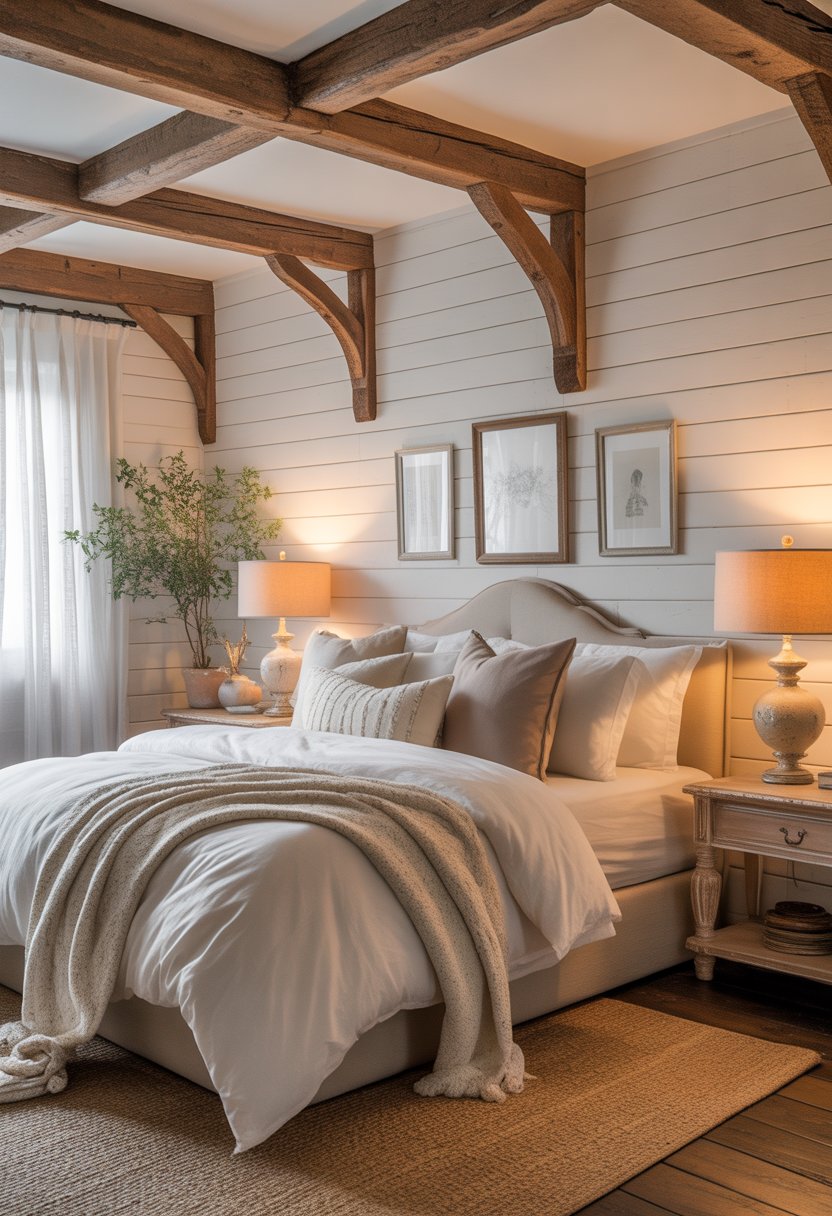A master bedroom with wooden beams and white shiplap walls, a large bed with pillows and blankets, nightstands with lamps, and soft natural light.