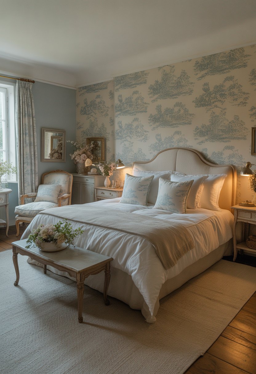 A cozy master bedroom with a large bed, wooden nightstands, an armchair, and a window letting in natural light.
