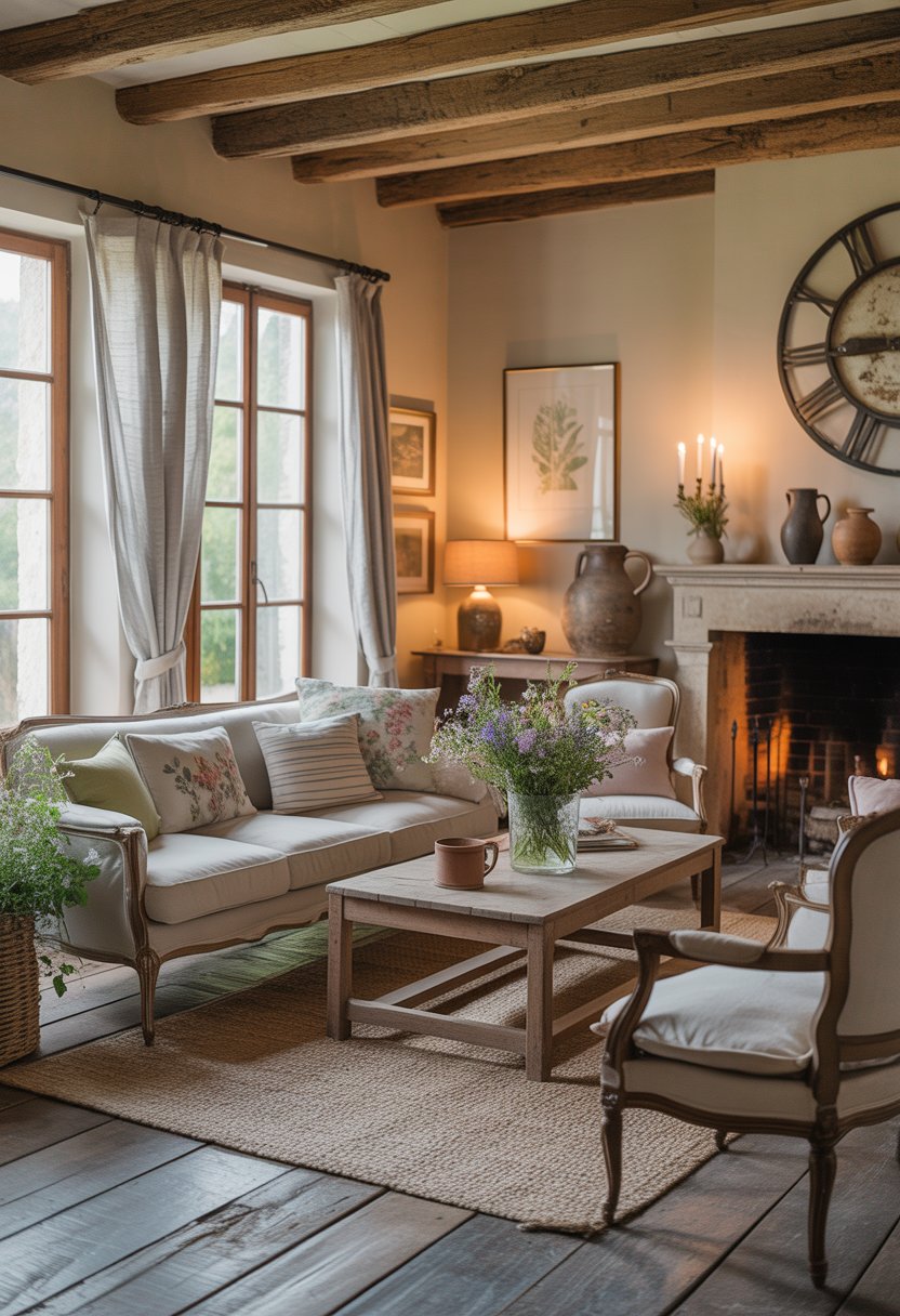 A cozy living room with a sofa, armchairs, coffee table, fireplace, and large windows letting in natural light.