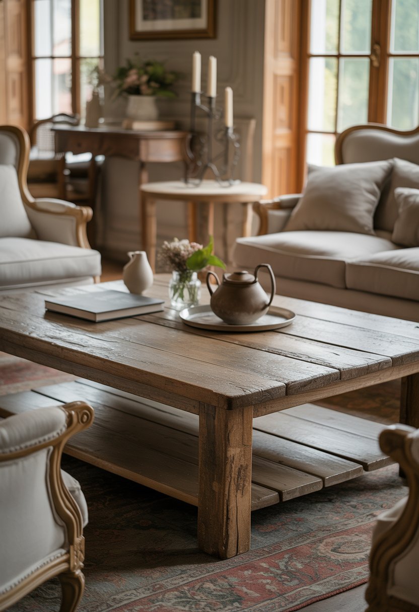 A living room with a weathered wood coffee table surrounded by comfortable chairs and soft natural light.