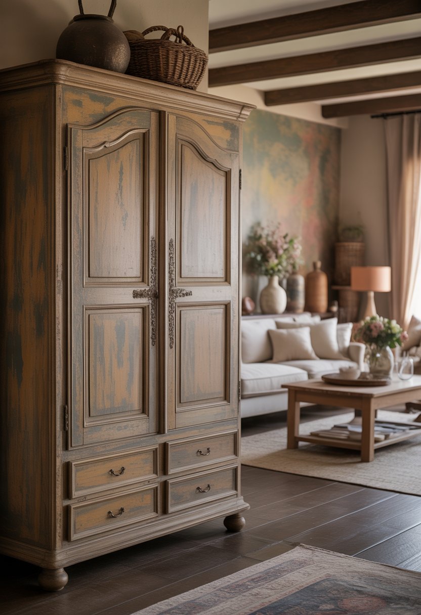 A living room with a large distressed wooden armoire with iron hardware, a sofa, coffee table, and decorative items in a softly lit space.