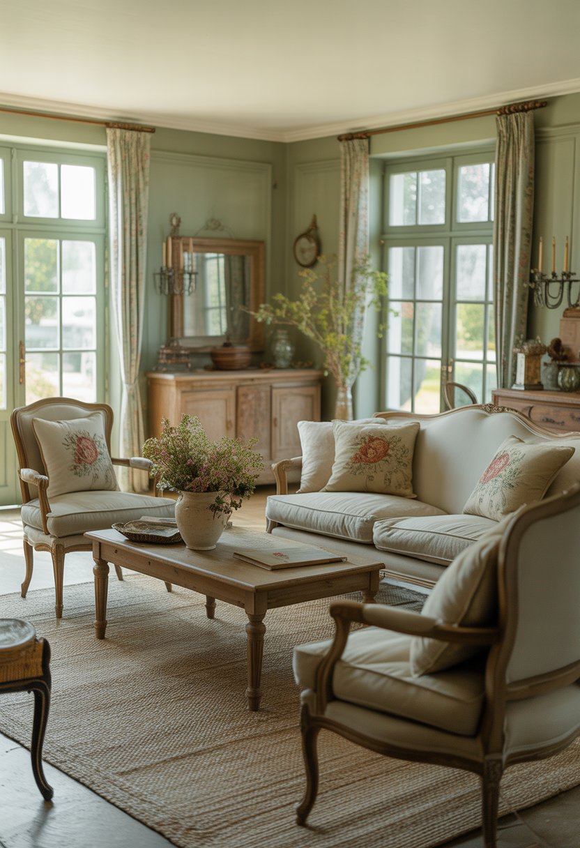 A living room with soft sage green walls, comfortable seating, a wooden coffee table, and natural light coming through large windows.
