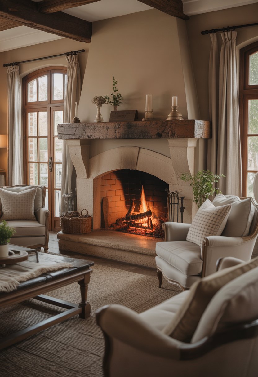 A living room with a large stone fireplace and a wooden mantel, surrounded by comfortable chairs and a sofa.