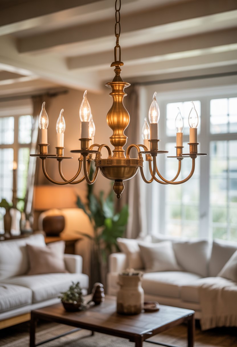 A bright living room with a large antique brass chandelier hanging from the ceiling above comfortable seating and wooden furniture.
