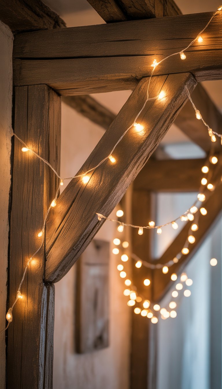 Twinkling fairy lights hanging over vintage wooden beams in a softly lit wedding setting.