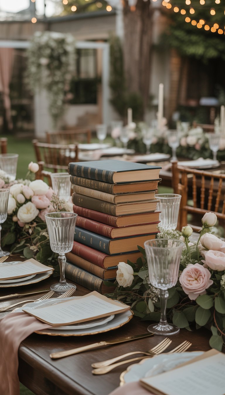 Wedding tables decorated with antique books and floral centerpieces in a softly lit garden setting.