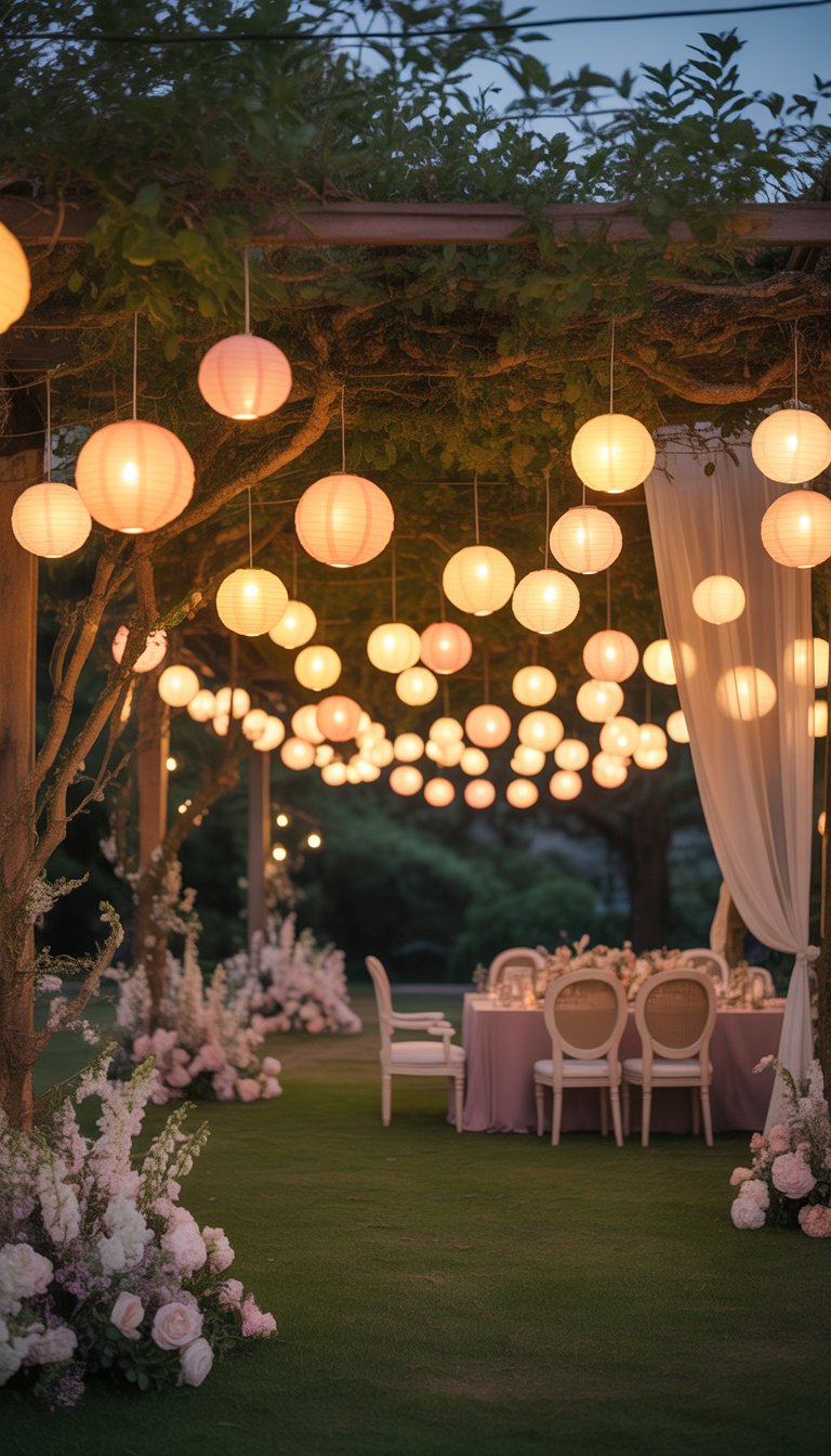 Outdoor wedding scene with lanterns hanging from trees casting a soft warm light over decorated greenery and seating.