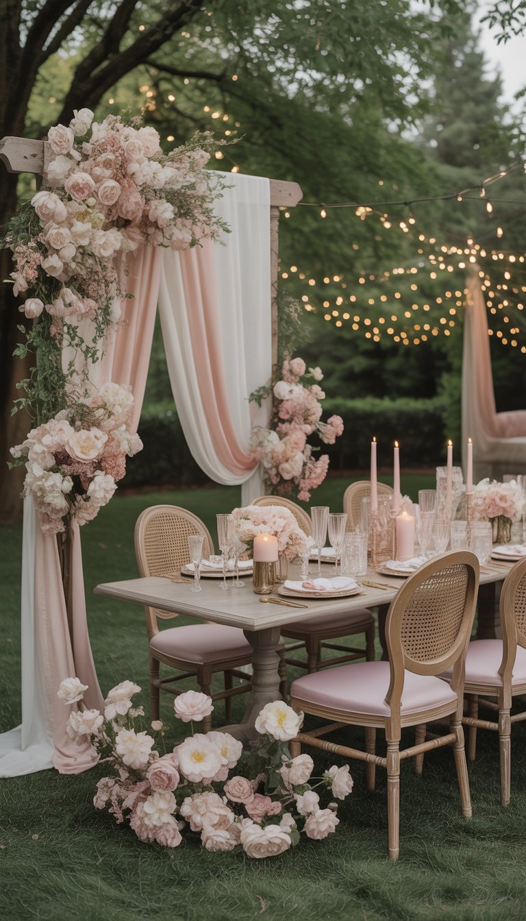 An outdoor wedding setup with a floral arch, decorated tables, and chairs surrounded by pink and cream flowers in a garden.