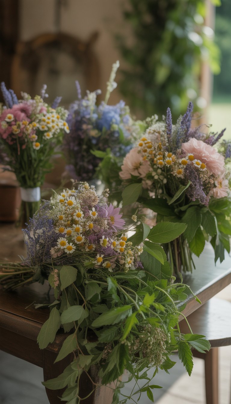 Close-up of wildflower bouquets with greenery arranged on a surface, featuring colorful flowers and leaves.