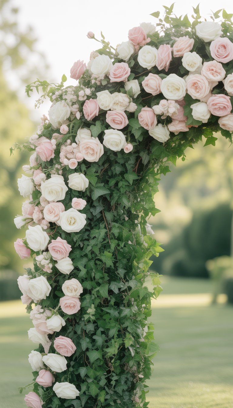 A wedding ceremony arch covered in ivy and roses in a garden setting.