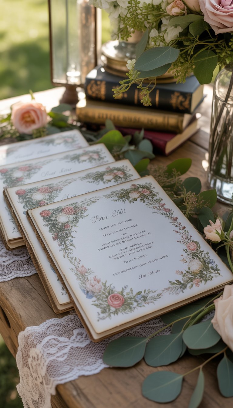 Wedding programs made from storybook pages arranged on a wooden table with flowers and greenery, set in a romantic outdoor wedding scene.