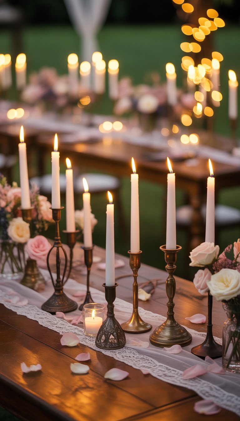 Tables with vintage candle holders and lit candles surrounded by flowers and rose petals in a romantic wedding setting.