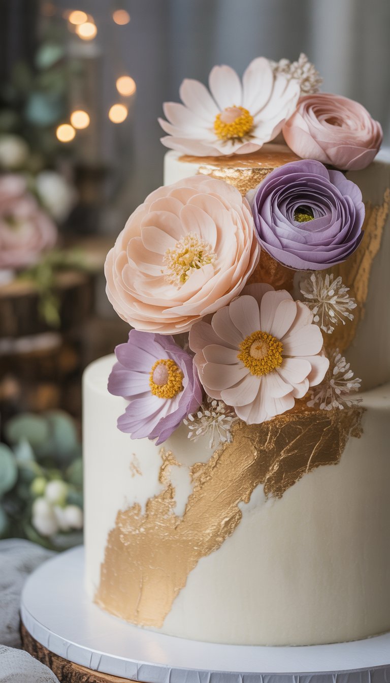 A wedding cake decorated with edible flowers and gold leaf on a softly blurred romantic background.