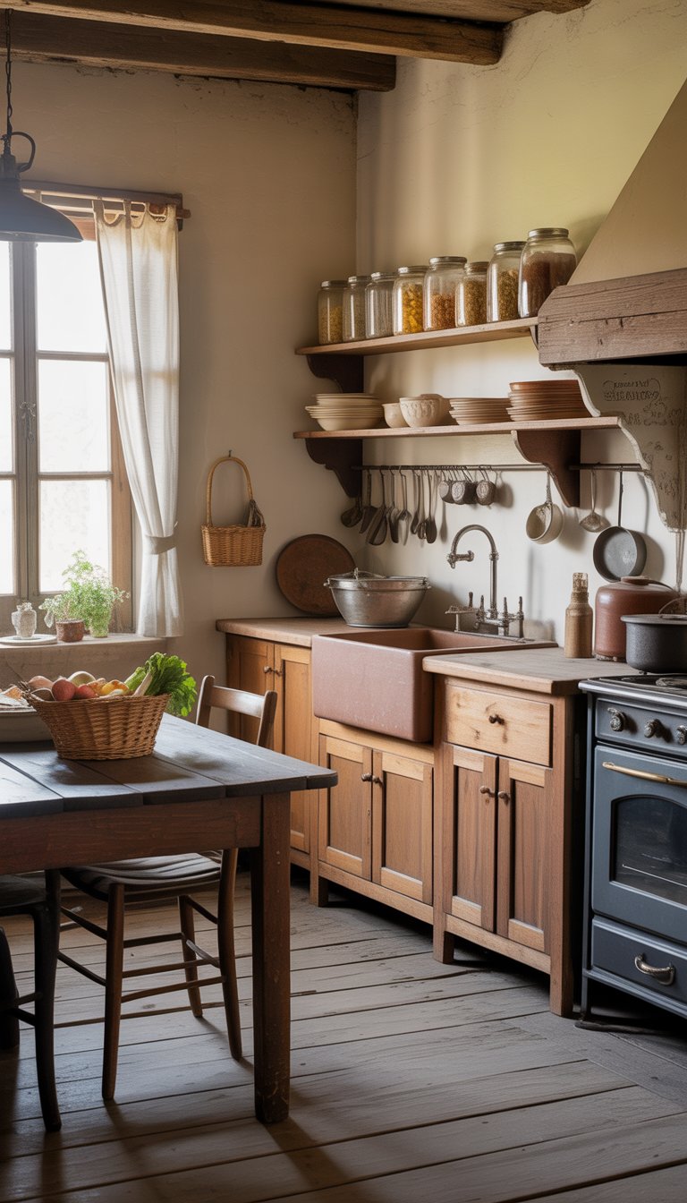 An old farmhouse kitchen with wooden cabinets, a farmhouse sink, a wooden dining table, and natural light coming through a window.