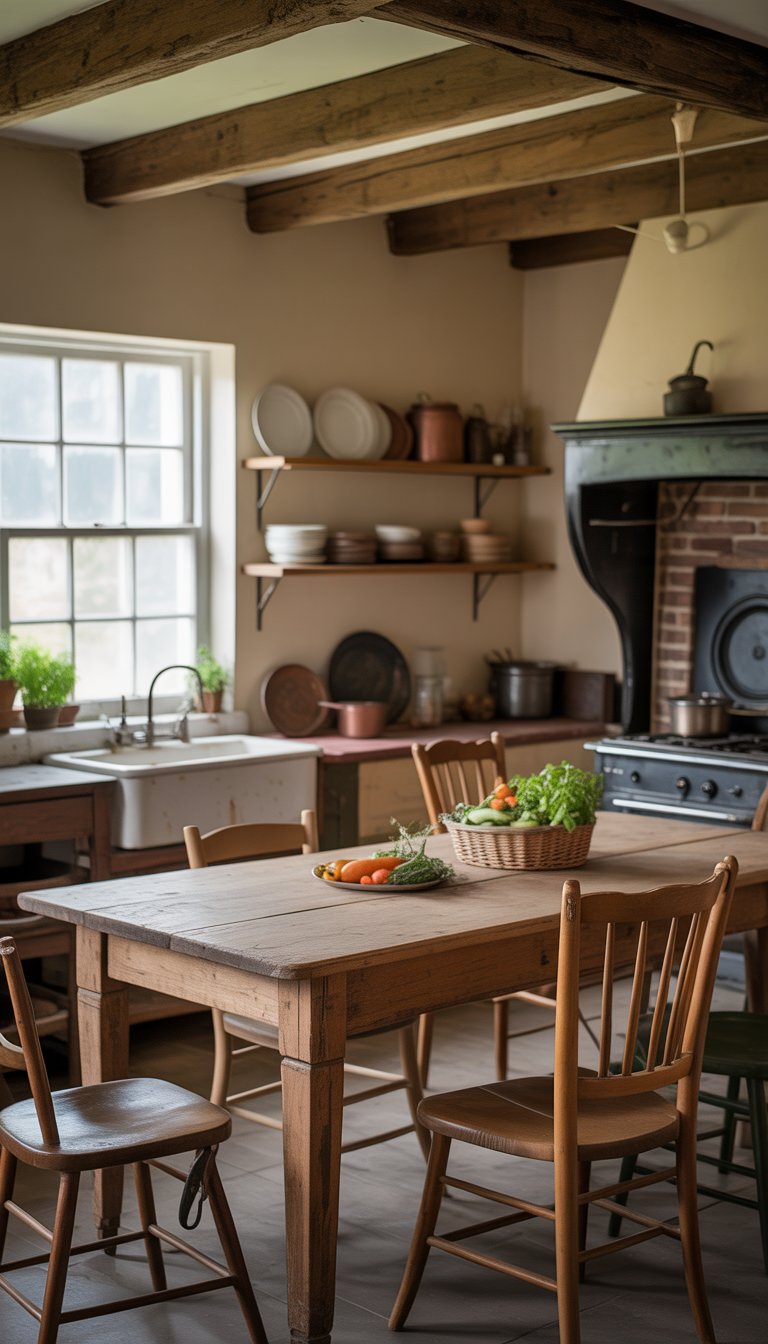 An old farmhouse kitchen with a wooden table, vintage sink, open shelves with dishes, and kitchen utensils.