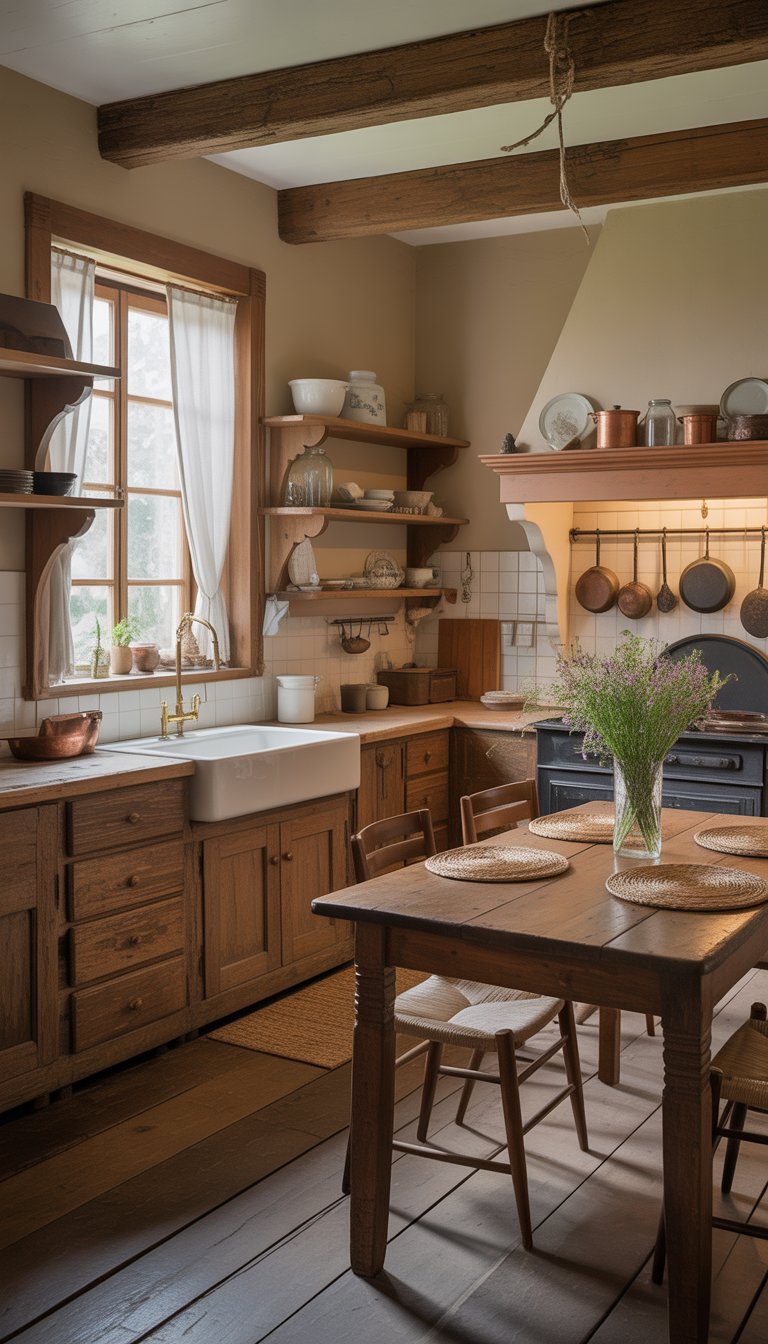 An old farmhouse kitchen with wooden cabinets, a farmhouse sink, a wooden dining table with flowers, and hanging copper pots.