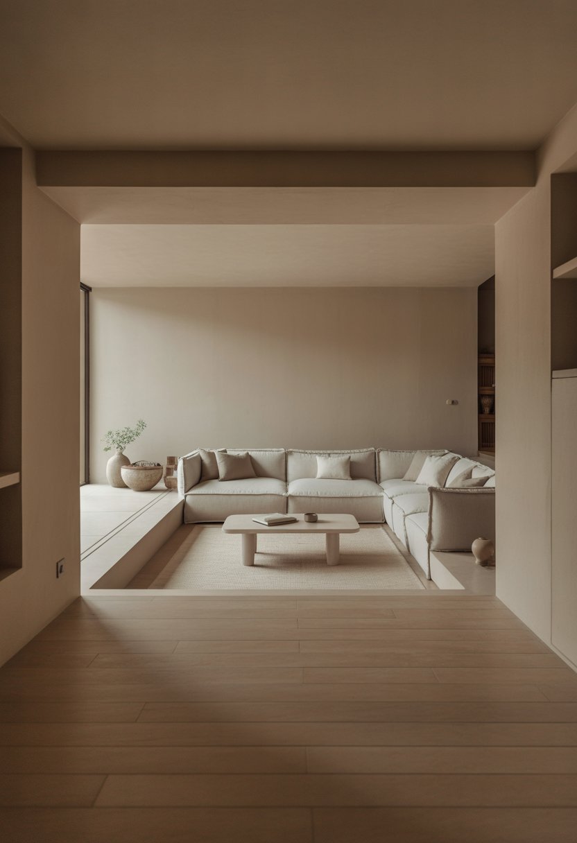 A sunken living room with a low sofa, coffee table, and large windows letting in natural light.