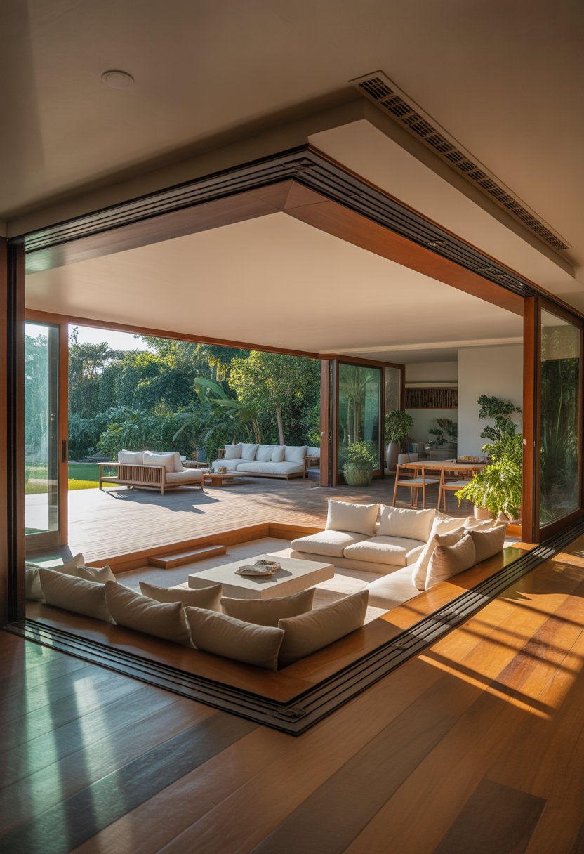 Sunken living room opening to an outdoor wooden deck with seating and greenery.