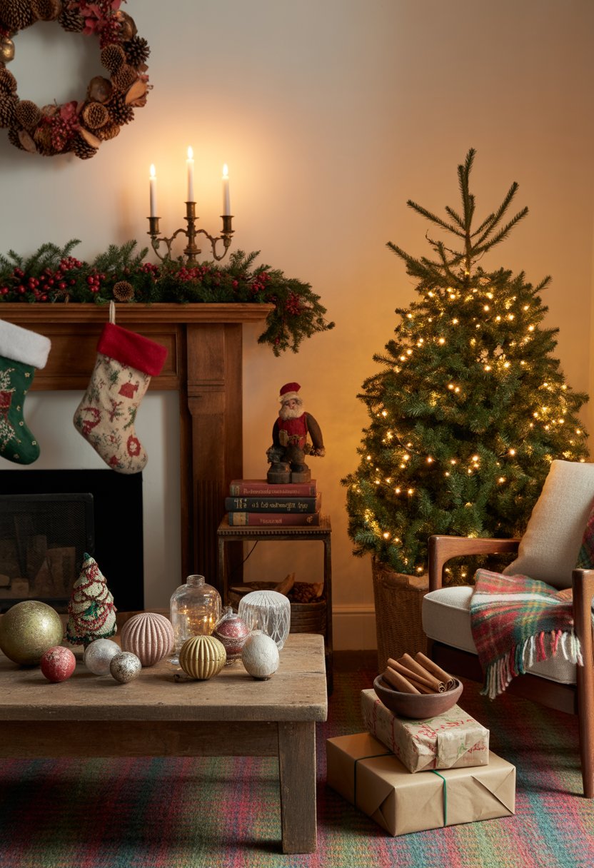 A living room decorated for Christmas with a vintage mantel, small decorated tree, cozy armchair, fireplace with stockings, and various classic holiday ornaments.