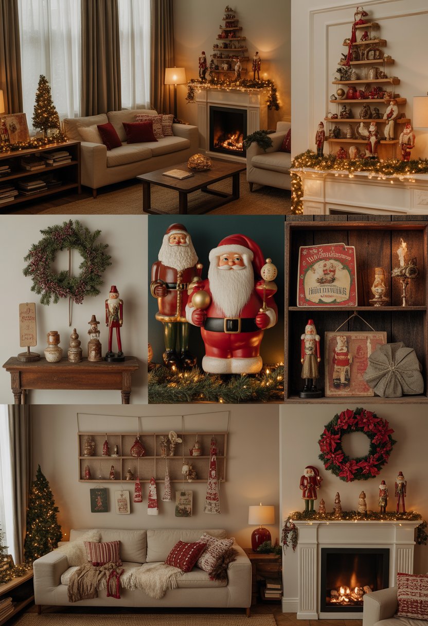 Living room with vintage Santa figurines arranged on shelves and mantel, surrounded by traditional Christmas decorations and warm festive lighting.