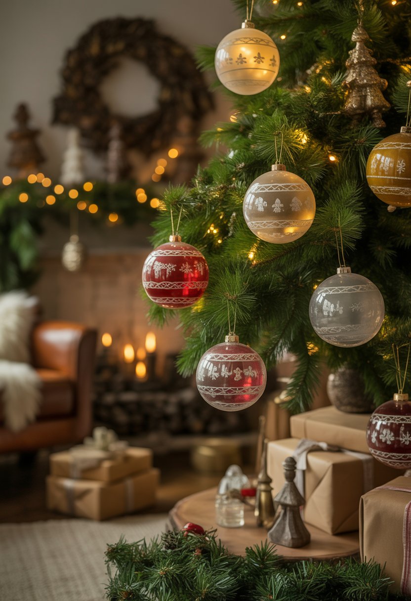 A living room decorated for Christmas with a green tree adorned with old-fashioned glass ball ornaments and traditional holiday decorations.