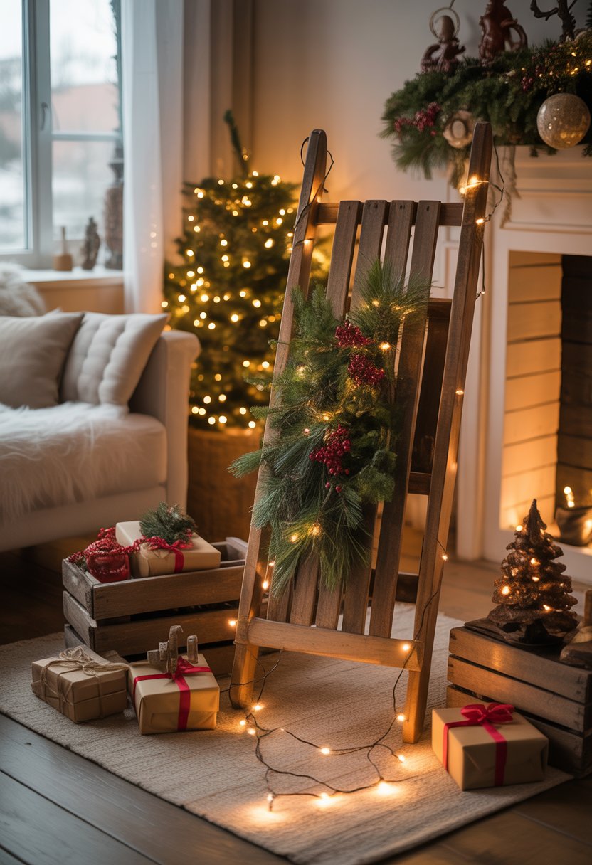 A living room decorated for Christmas with a classic wooden sled surrounded by vintage ornaments, pine garlands, wrapped presents, and a small Christmas tree near a fireplace.