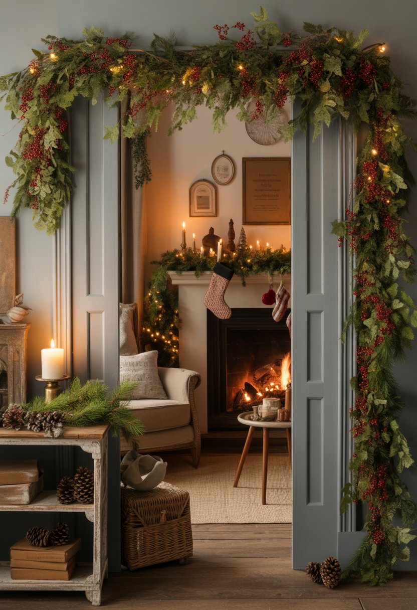 A living room decorated for Christmas with green garlands and red berries draped over the mantel and door frames, featuring a fireplace and cozy furniture.
