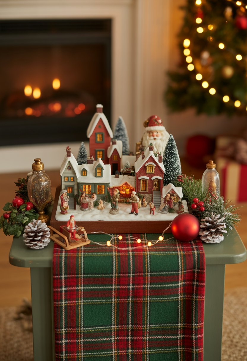A nostalgic Christmas village scene with miniature houses, figurines, and classic holiday decorations arranged on a side table.