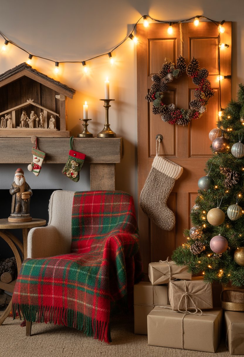 A living room decorated for Christmas with vintage string lights and various old-fashioned holiday decorations including a nativity scene, candles, wreath, Santa figurine, plaid blanket, glass baubles, knitted stocking, and wrapped presents.