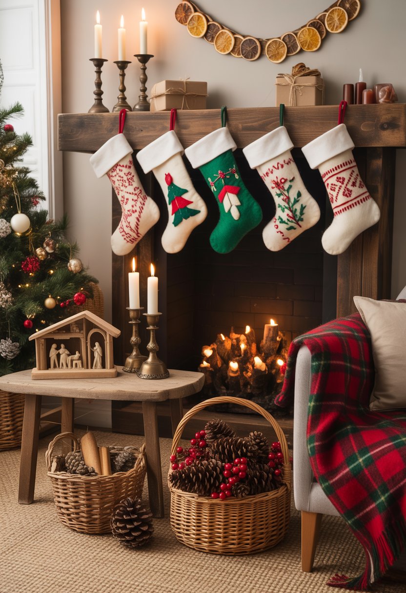 A living room decorated for Christmas with felt and wool stockings hanging on a mantel and various traditional holiday decorations arranged around the room.