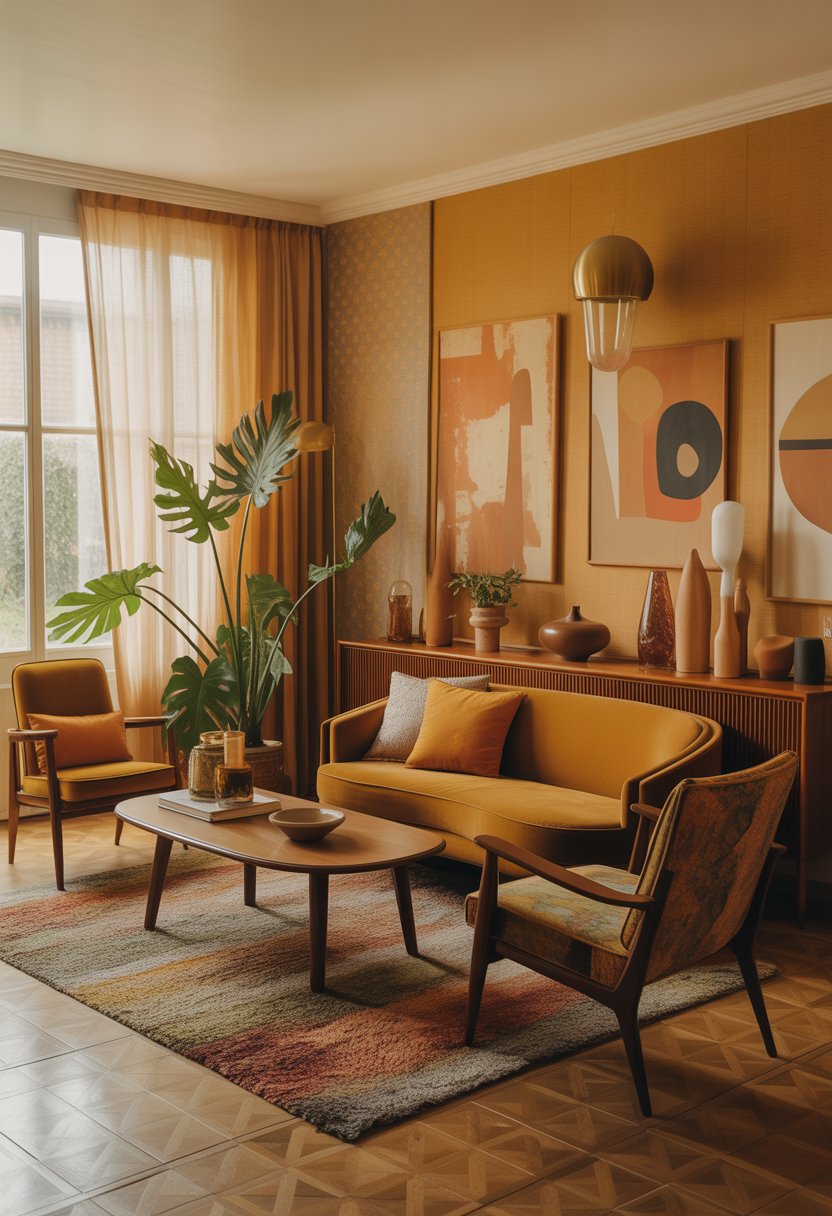 A cozy living room with a velvet sofa, wooden coffee table, armchair, houseplants, and decorative art near a sunlit window.
