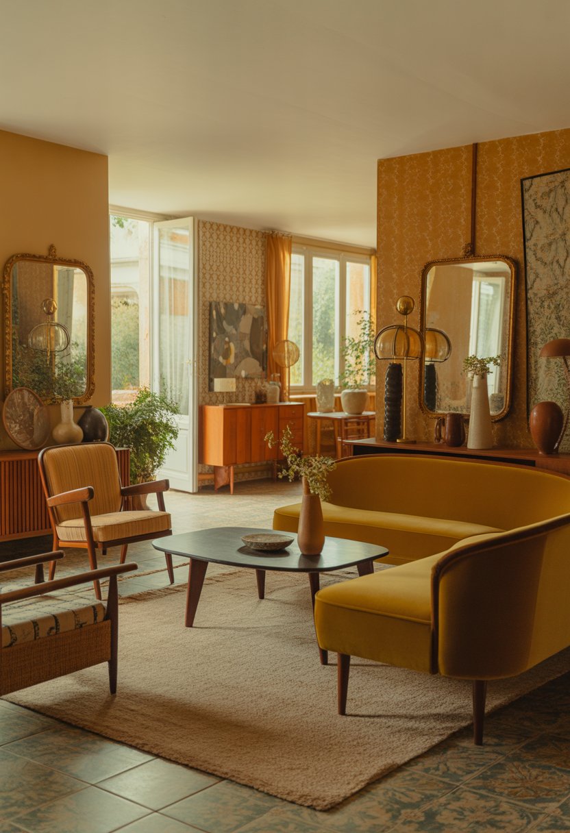 A warm and inviting living room with a velvet sofa, wooden furniture, patterned wallpaper, potted plants, and decorative lighting.