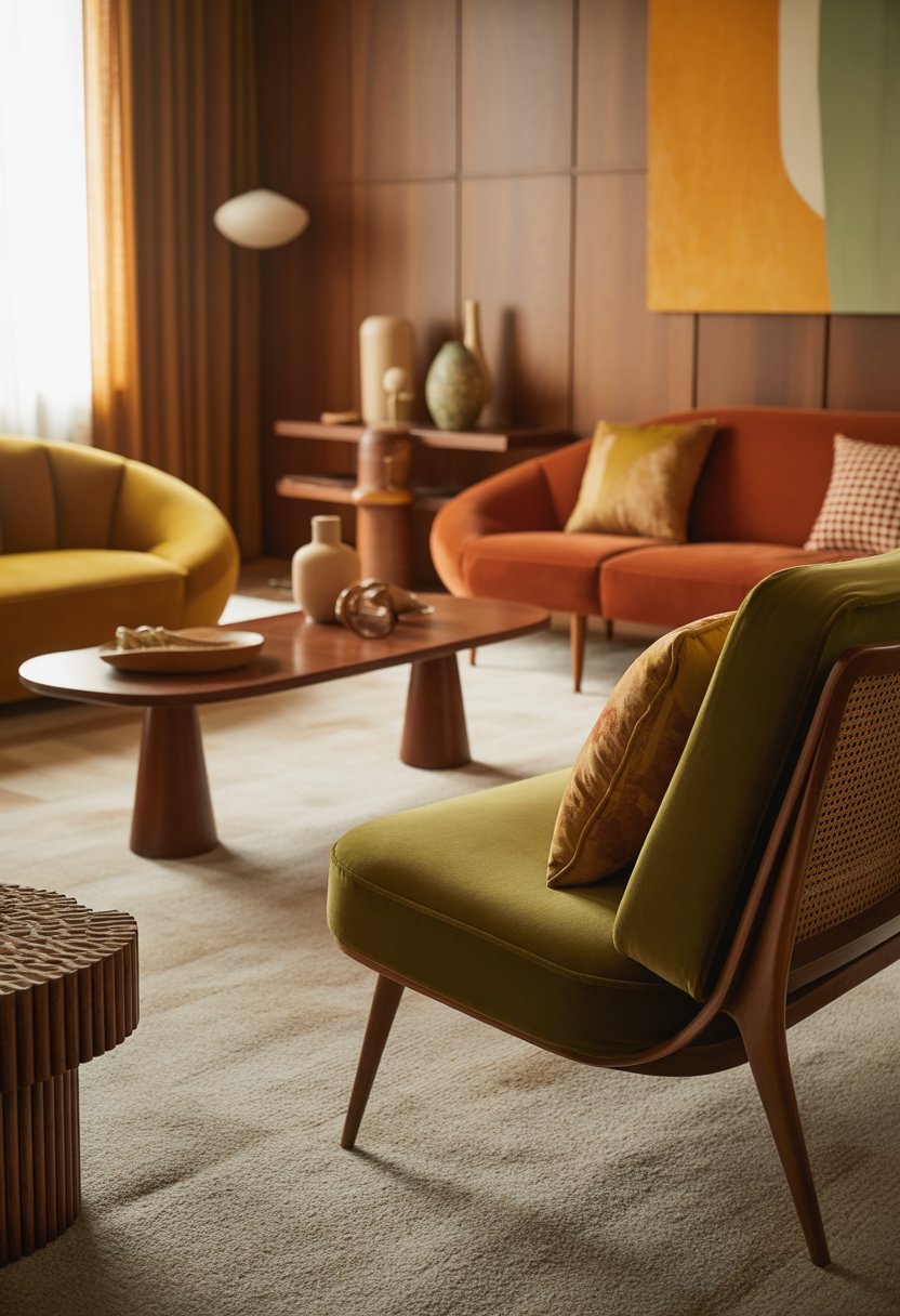 A cozy living room with a curved yellow sofa, wooden coffee table, green lounge chair, and decorative vases, illuminated by soft natural light.
