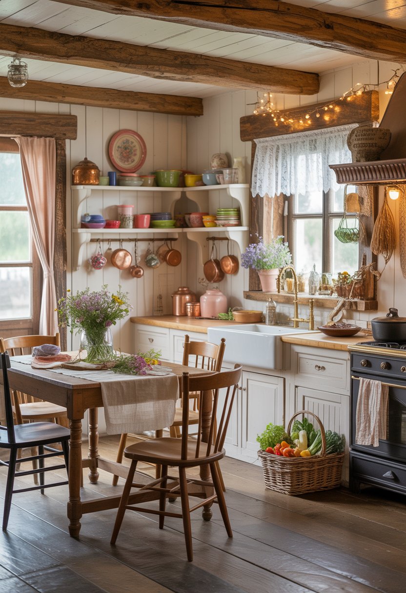 A cozy kitchen with wooden beams, white walls, wooden table with flowers, hanging pots, and a window letting in natural light.