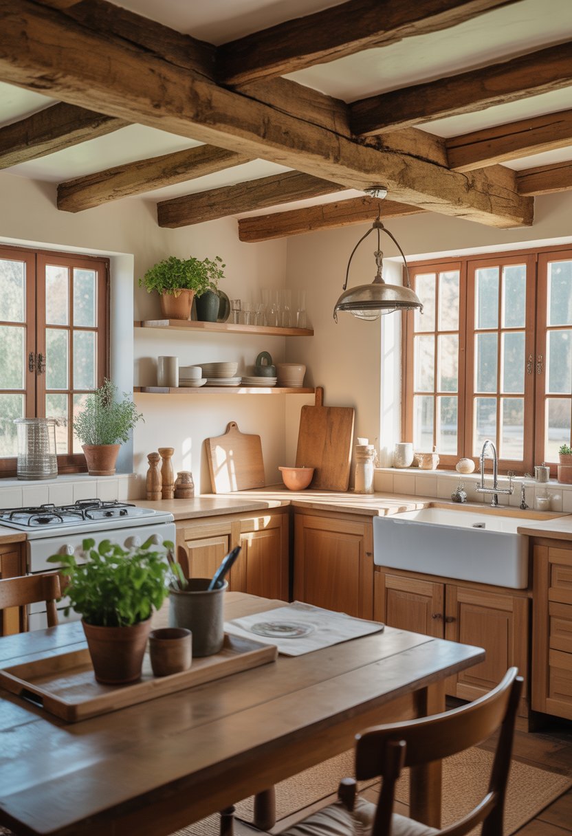 A cozy kitchen with exposed wooden ceiling beams, wooden cabinets, a farmhouse sink, and a wooden dining table with chairs.