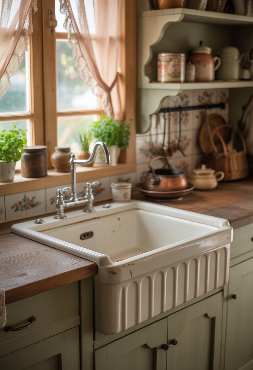 A vintage farmhouse sink with an apron front in a cozy kitchen with wooden countertops, shelves with kitchenware, and soft natural light coming through a window.