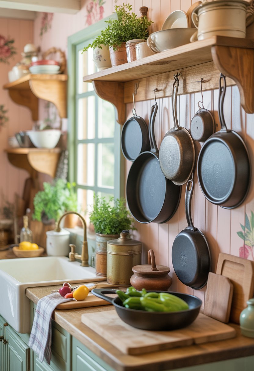 A cozy cottage kitchen with cast-iron pans hanging on a wooden wall, surrounded by rustic shelves, fresh herbs, and kitchen utensils.
