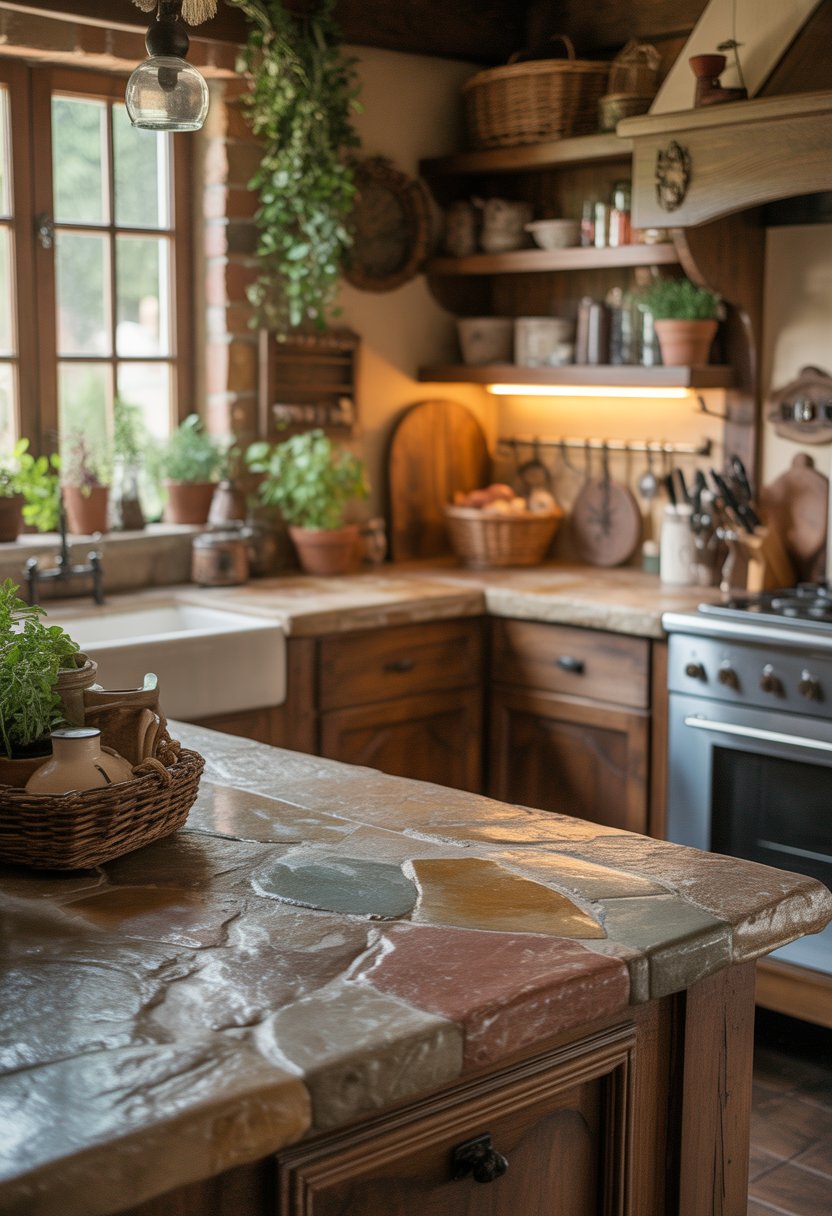A cozy kitchen with stone countertops, wooden cabinets, and decorative plants, illuminated by natural light.