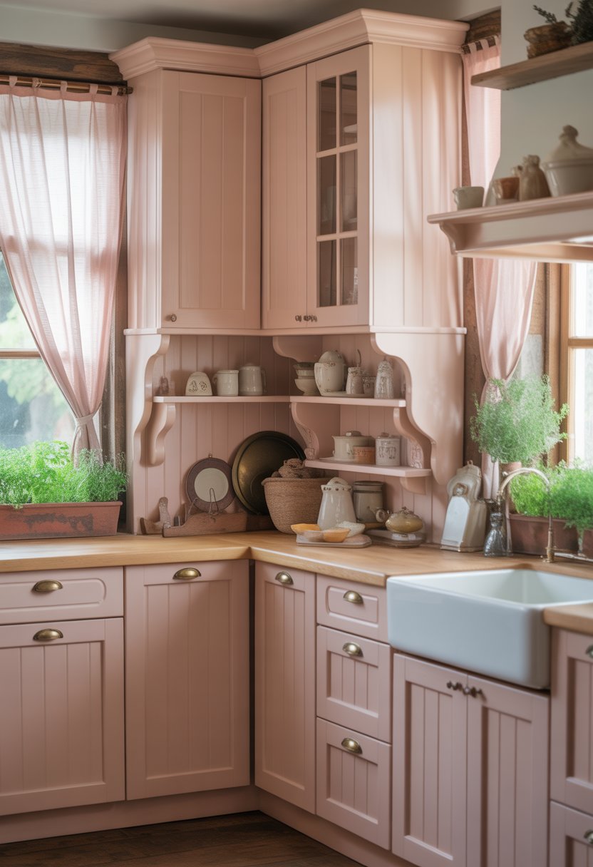 A cozy kitchen with pastel-colored oak cabinets, wooden countertops, a farmhouse sink, and potted herbs on the windowsill.